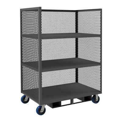 3 Sided Mesh Truck|3 Shelves|Forklift Pockets, 6" Polyurethane Cstrs 