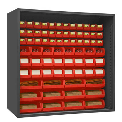 Heavy Duty 72"W, 12 Gauge Enclosed Shelving with 72 Hook-On-Bins