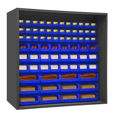Heavy Duty 72"W, 12 Gauge Enclosed Shelving with 72 Hook-On-Bins