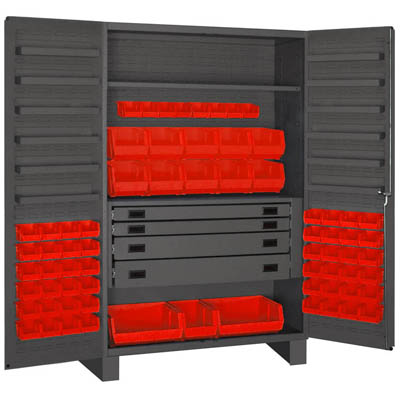 Flush Door Style- 6"H Base, 48"W Cabinet with Drawers, Shelves, and Hook-On-Bins