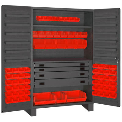 Flush Door Style- 6"H Base, 48"W Cabinet with Drawers, Shelves, and Hook-On-Bins