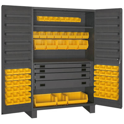 Flush Door Style- 6"H Base, 48"W Cabinet with Drawers, Shelves, and Hook-On-Bins