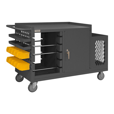 Mobile Wire Spool and Maintenance Cart w/ 5 Rods, Louvered Panel Side, Cabinet Space, and Ladder Hanger