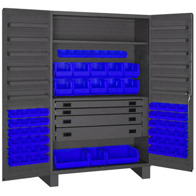 Flush Door Style- 6"H Base, 48"W Cabinet with Drawers, Shelves, and Hook-On-Bins