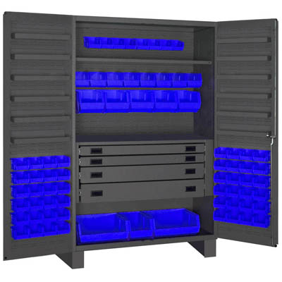 Flush Door Style- 6"H Base, 48"W Cabinet with Drawers, Shelves, and Hook-On-Bins