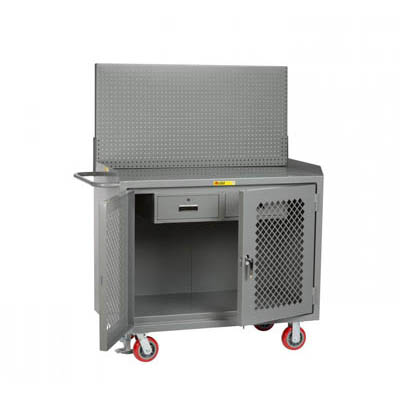 48" Wide Mobile Bench Cabinet w/ Clearview Doors, Heavy Duty Drawer & Louvered Panel