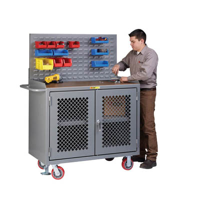48" Wide Mobile Bench Cabinet w/ Clearview Doors, Full Center Shelf & Louvered Panel or Pegboard