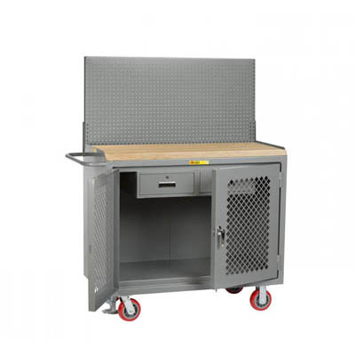 48" Wide Mobile Bench Cabinet w/ Clearview Doors, Heavy Duty Drawer & Louvered Panel