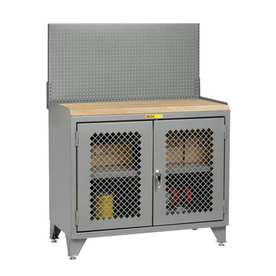 48" Wide Mobile Bench Cabinet w/ Clearview Doors, Full Center Shelf & Louvered Panel or Pegboard