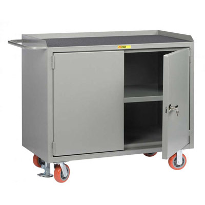 48" Wide Mobile Bench Cabinet w/ Center Shelf & Locking Doors