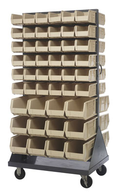 Mobile Double Sided Louvered Rack w/ 96 Multi Size Bins, 36" Long