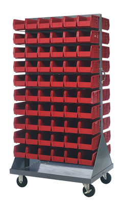 Mobile Double Sided Louvered Rack w/ (120) 10-7/8"L Bins, 36" Long