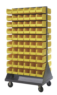 Mobile Double Sided Louvered Rack w/ (120) 10-7/8"L Bins, 36" Long