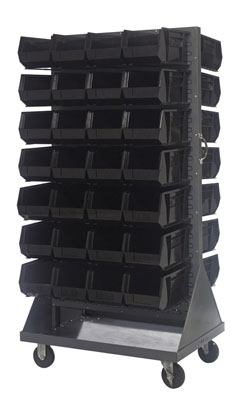Mobile Double Sided Louvered Rack w/ (56) 14-3/4"L Bins, 36" Long