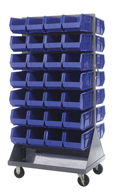 Mobile Double Sided Louvered Rack w/ (56) 14-3/4"L Bins, 36" Long