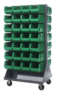 Mobile Double Sided Louvered Rack w/ (56) 14-3/4"L Bins, 36" Long