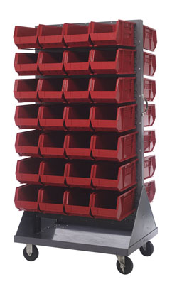 Mobile Double Sided Louvered Rack w/ (56) 14-3/4"L Bins, 36" Long
