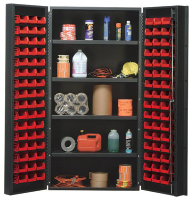 All Welded Bin Cabinet w/ (96) 5-3/8"L Bins and 4 Adjustable Shelves, 36" Wide