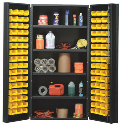 All Welded Bin Cabinet w/ (96) 5-3/8"L Bins and 4 Adjustable Shelves, 36" Wide