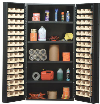 All Welded Bin Cabinet w/ (96) 5-3/8"L Bins and 4 Adjustable Shelves, 36" Wide