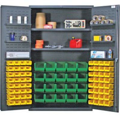 All Welded Bin Cabinet w/ 2 Adjustable Shelves, 6 Door Shelves, and 84 Multi Size Bins, 48" Wide