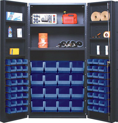All Welded Bin Cabinet w/ 64 Multi Size Bins, 2 Adjustable Interior Shelves, and 6 Door Shelves, 36" Wide