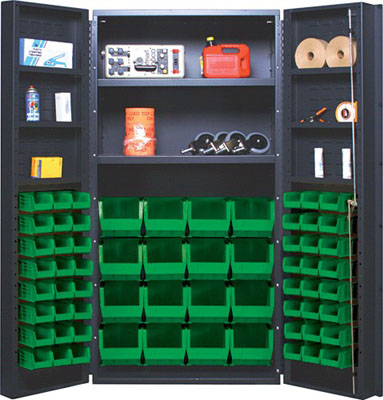 All Welded Bin Cabinet w/ 64 Multi Size Bins, 2 Adjustable Interior Shelves, and 6 Door Shelves, 36" Wide