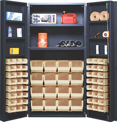 All Welded Bin Cabinet w/ 64 Multi Size Bins, 2 Adjustable Interior Shelves, and 6 Door Shelves, 36" Wide