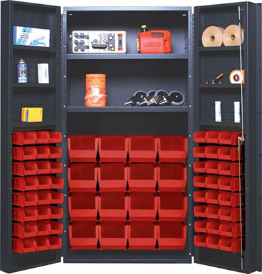 All Welded Bin Cabinet w/ 64 Multi Size Bins, 2 Adjustable Interior Shelves, and 6 Door Shelves, 36" Wide
