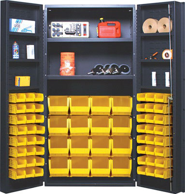 All Welded Bin Cabinet w/ 64 Multi Size Bins, 2 Adjustable Interior Shelves, and 6 Door Shelves, 36" Wide