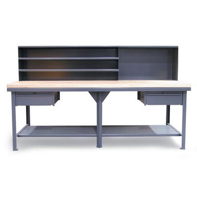 Industrial Shop Table With Maple Top, Drawers And Riser Shelf